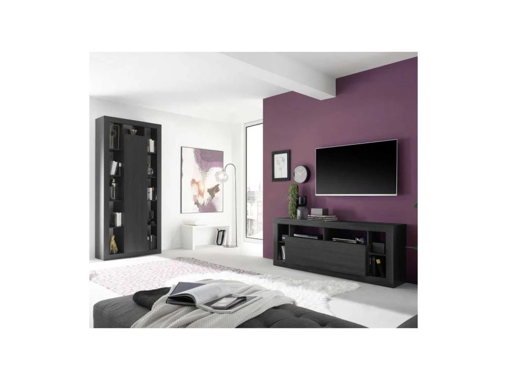 Meuble TV 1 Abattant Noir Cendré - RAVENNE 5 Meuble TV 1 Abattant Noir Cendré - RAVENNE – Image 3