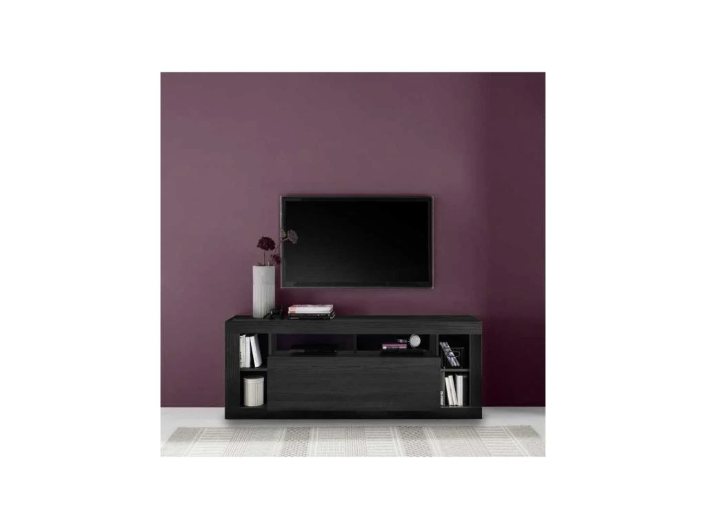 Meuble TV 1 Abattant Noir Cendré - RAVENNE 6 Meuble TV 1 Abattant Noir Cendré - RAVENNE – Image 4