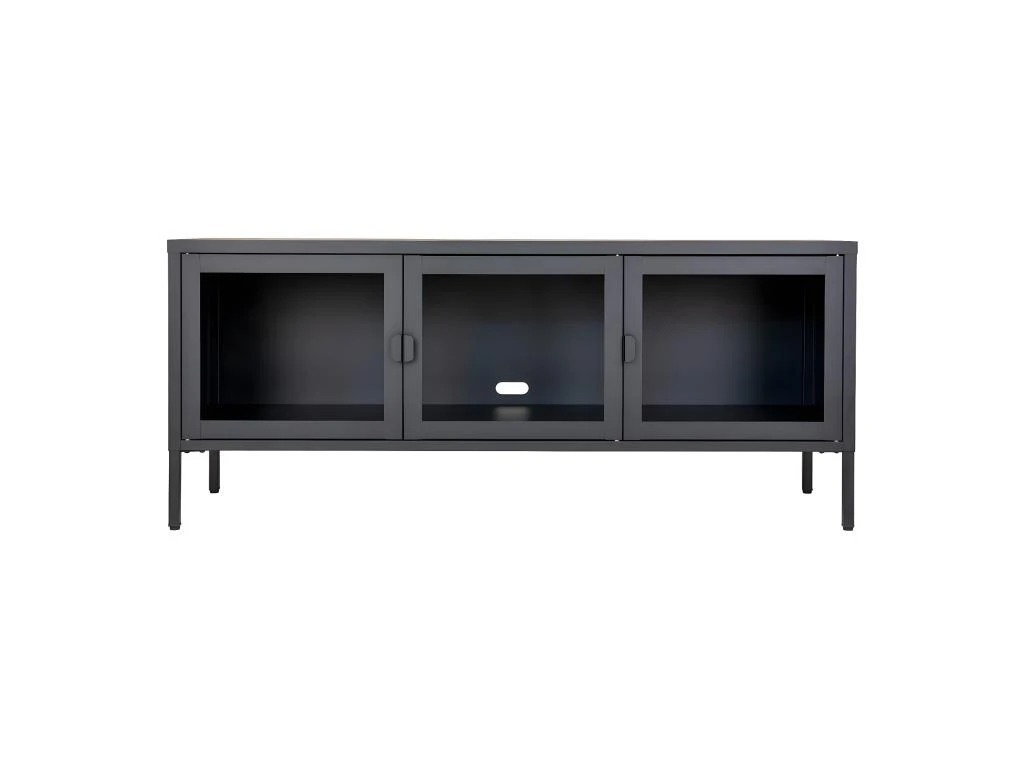 HENDRA - Meuble TV 3 Portes Verre Et Acier Noir 4 HENDRA - Meuble TV 3 Portes Verre Et Acier Noir – Image 2