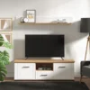Meuble TV Avec 2 Portes, 1 Tiroir Et 1 Niche - Blanc Et Naturel - ROTARA -Pas Cher Mobiliora Magasin meuble tv 11159803