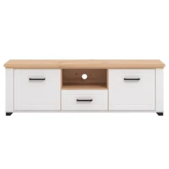 Meuble TV Avec 2 Portes, 1 Tiroir Et 1 Niche - Blanc Et Naturel - ROTARA -Pas Cher Mobiliora Magasin meuble tv 11159809