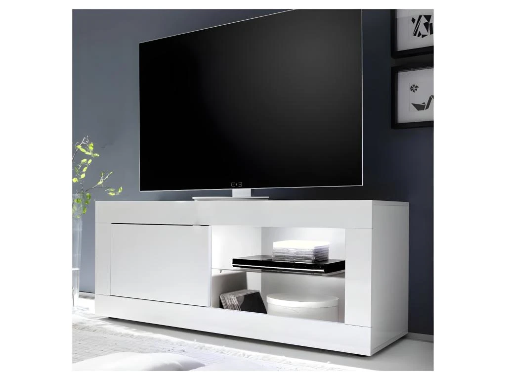 Meuble TV 1 Porte 2 Niches Blanc Laqué Brillant à LEDs Blancs - MATERA 3 Meuble TV 1 Porte 2 Niches Blanc Laqué Brillant à LEDs Blancs - MATERA