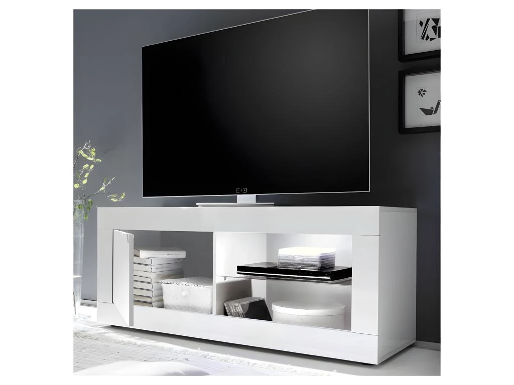 Meuble TV 1 Porte 2 Niches Blanc Laqué Brillant à LEDs Blancs - MATERA 4 Meuble TV 1 Porte 2 Niches Blanc Laqué Brillant à LEDs Blancs - MATERA – Image 2