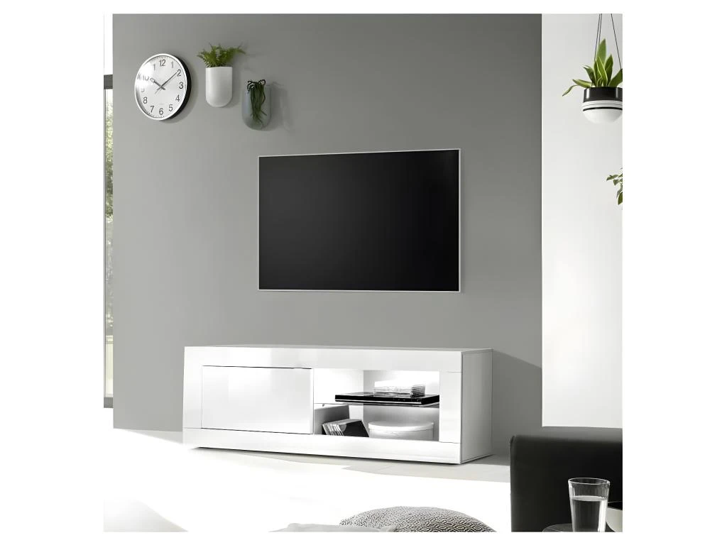 Meuble TV 1 Porte 2 Niches Blanc Laqué Brillant à LEDs Blancs - MATERA 6 Meuble TV 1 Porte 2 Niches Blanc Laqué Brillant à LEDs Blancs - MATERA – Image 4