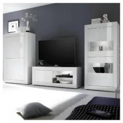 Meuble TV 1 Porte 2 Niches Blanc Laqué Brillant à LEDs Blancs - MATERA 11 Meuble TV 1 Porte 2 Niches Blanc Laqué Brillant à LEDs Blancs - MATERA -Pas Cher Mobiliora Magasin meuble tv 11166613