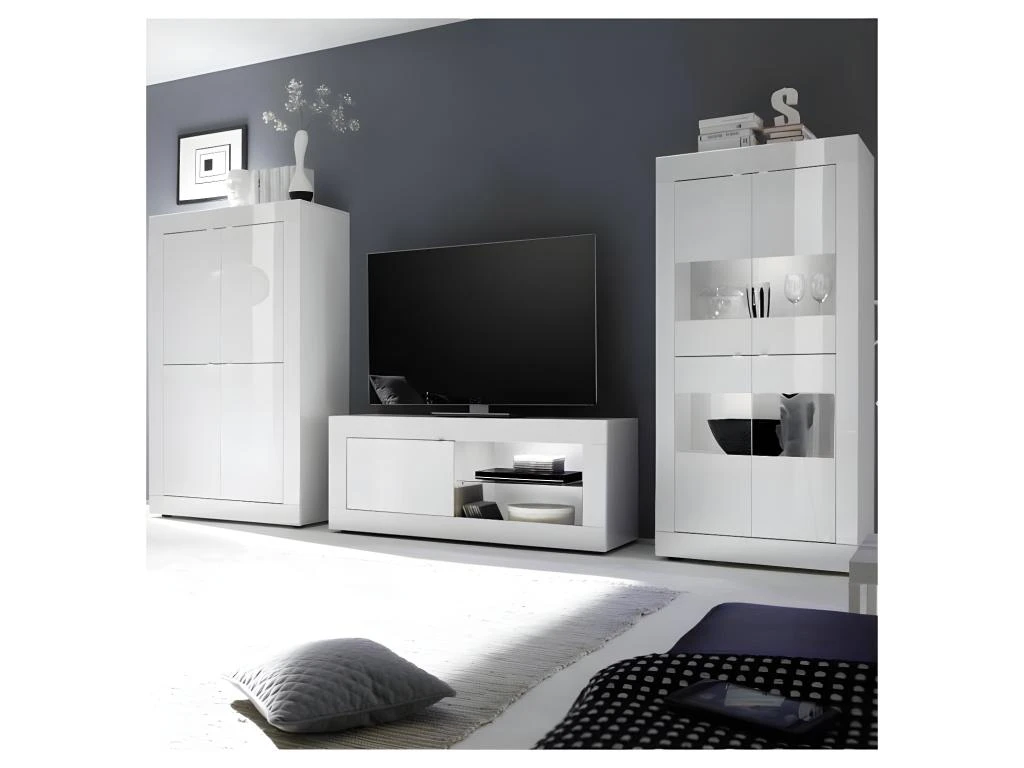 Meuble TV 1 Porte 2 Niches Blanc Laqué Brillant à LEDs Blancs - MATERA 7 Meuble TV 1 Porte 2 Niches Blanc Laqué Brillant à LEDs Blancs - MATERA – Image 5