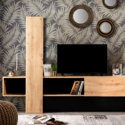 Meuble TV Avec 1 Porte 2 étagères Et 2 Niches - Naturel Et Noir - SEVRELA