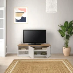 Meuble Tv Bob 2 Portes 2 Niches Blanc/chêne, Bois Massif -Pas Cher Mobiliora Magasin meuble tv 12219863