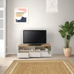 Meuble Tv Bob 3 Tiroirs 2 Niches Blanc/chêne, Bois Massif -Pas Cher Mobiliora Magasin meuble tv 12219875