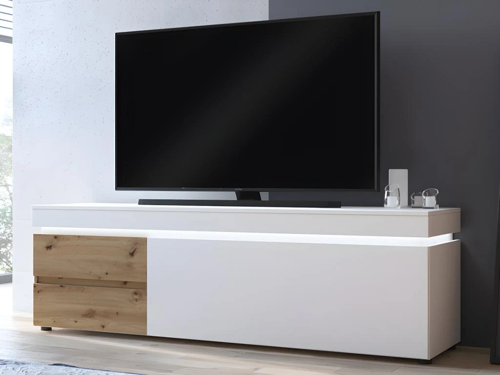 Meuble TV 1 Porte Et 2 Tiroirs Avec LEDs - Naturel Et Blanc Laqué - DOLONA 4 Meuble TV 1 Porte Et 2 Tiroirs Avec LEDs - Naturel Et Blanc Laqué - DOLONA – Image 2