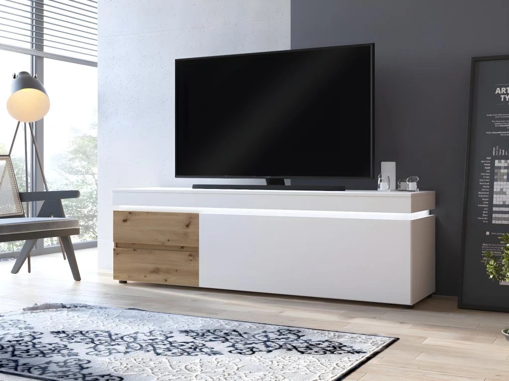 Meuble TV 1 Porte Et 2 Tiroirs Avec LEDs - Naturel Et Blanc Laqué - DOLONA 3 Meuble TV 1 Porte Et 2 Tiroirs Avec LEDs - Naturel Et Blanc Laqué - DOLONA
