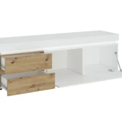 Meuble TV 1 Porte Et 2 Tiroirs Avec LEDs - Naturel Et Blanc Laqué - DOLONA 9 Meuble TV 1 Porte Et 2 Tiroirs Avec LEDs - Naturel Et Blanc Laqué - DOLONA -Pas Cher Mobiliora Magasin meuble tv 12293289