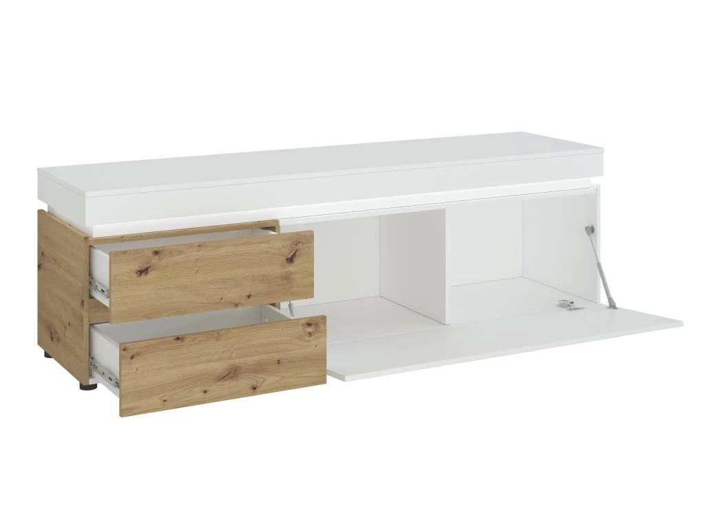 Meuble TV 1 Porte Et 2 Tiroirs Avec LEDs - Naturel Et Blanc Laqué - DOLONA 6 Meuble TV 1 Porte Et 2 Tiroirs Avec LEDs - Naturel Et Blanc Laqué - DOLONA – Image 4