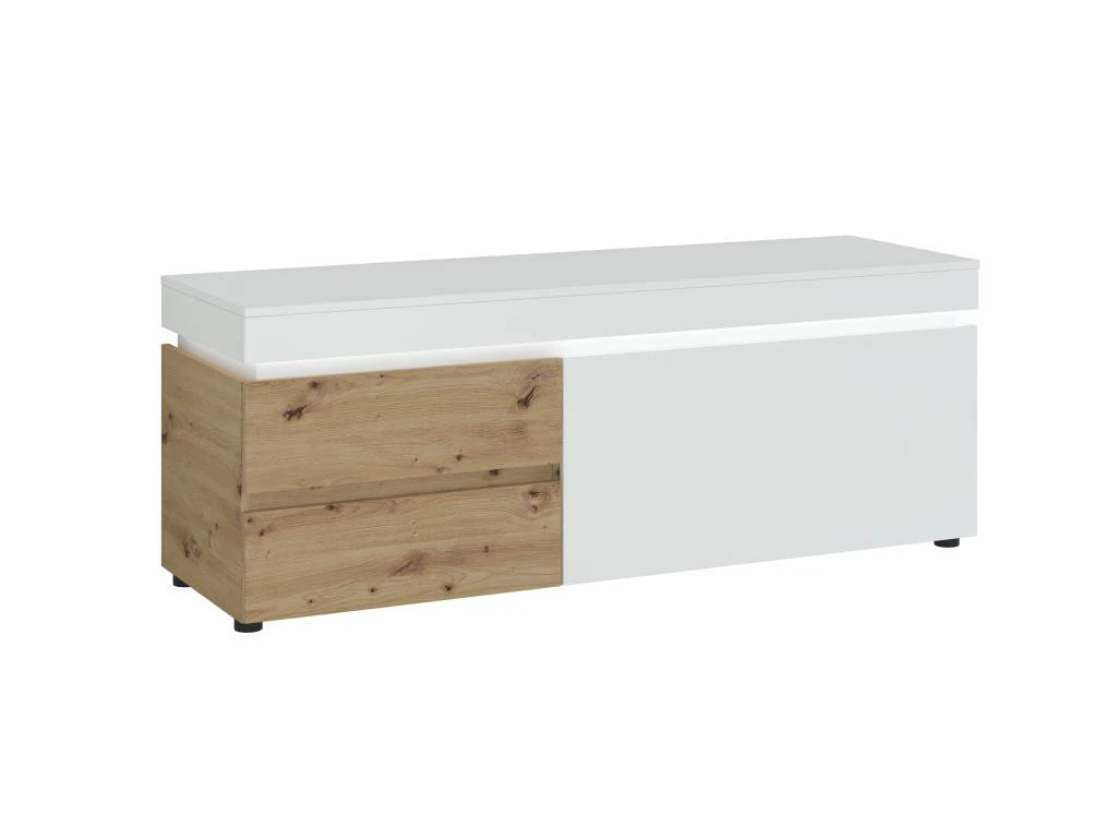 Meuble TV 1 Porte Et 2 Tiroirs Avec LEDs - Naturel Et Blanc Laqué - DOLONA 5 Meuble TV 1 Porte Et 2 Tiroirs Avec LEDs - Naturel Et Blanc Laqué - DOLONA – Image 3