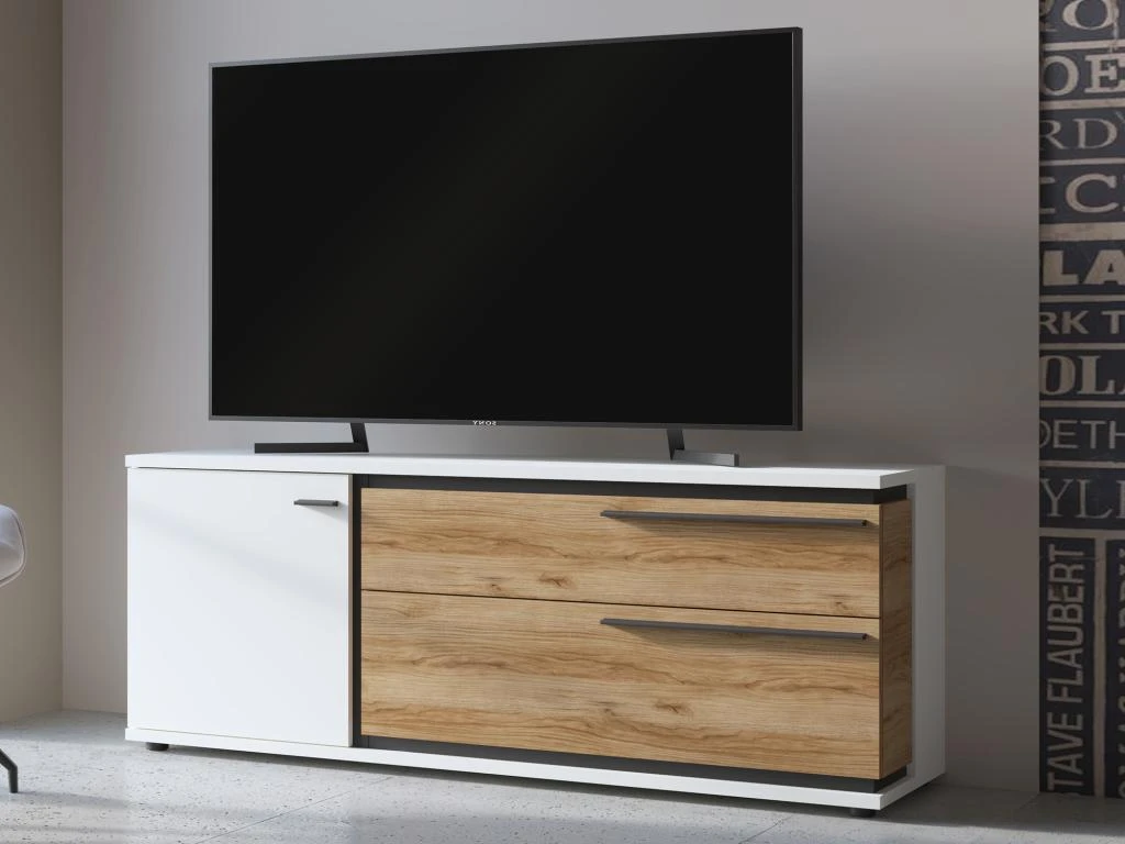 Meuble TV Avec 1 Porte Et 2 Tiroirs - Naturel Et Blanc - NISUKA 4 Meuble TV Avec 1 Porte Et 2 Tiroirs - Naturel Et Blanc - NISUKA – Image 2