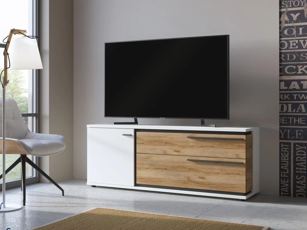 Meuble TV Avec 1 Porte Et 2 Tiroirs - Naturel Et Blanc - NISUKA 3 Meuble TV Avec 1 Porte Et 2 Tiroirs - Naturel Et Blanc - NISUKA