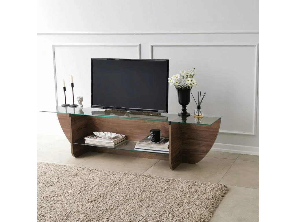 Meuble Tv Rhin Design 100% Verre Trempé En Couleur Nogal, 158x40x35cm 6 Meuble Tv Rhin Design 100% Verre Trempé En Couleur Nogal, 158x40x35cm – Image 4