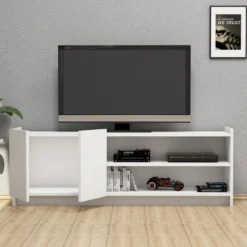 Meuble Tv Niger Design 100 % Panneau De Particules Plaqué Mélaminé En Couleur Blanc, 141x50x29,5cm -Pas Cher Mobiliora Magasin meuble tv 12358211