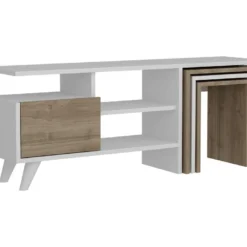 Meuble Tv Sena Design 100 % Panneau De Particules Plaqué Mélaminé En Couleur Blanc Nogal, 120x49x29,5cm