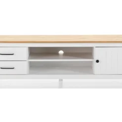 Meuble TV En Pin Massif Décor Ciré Chêne Et Blanc, Meuble De Rangement - Longueur 158 X Profondeur 40 X Hauteur 47 Cm