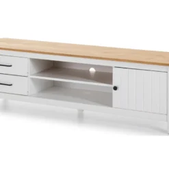 Meuble TV En Pin Massif Décor Ciré Chêne Et Blanc, Meuble De Rangement - Longueur 158 X Profondeur 40 X Hauteur 47 Cm -Pas Cher Mobiliora Magasin meuble tv 12436597