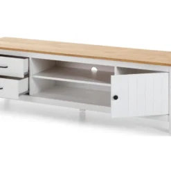 Meuble TV En Pin Massif Décor Ciré Chêne Et Blanc, Meuble De Rangement - Longueur 158 X Profondeur 40 X Hauteur 47 Cm -Pas Cher Mobiliora Magasin meuble tv 12436599