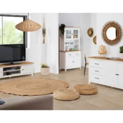 Meuble TV En Pin Massif Décor Ciré Chêne Et Blanc, Meuble De Rangement - Longueur 158 X Profondeur 40 X Hauteur 47 Cm -Pas Cher Mobiliora Magasin meuble tv 12436601