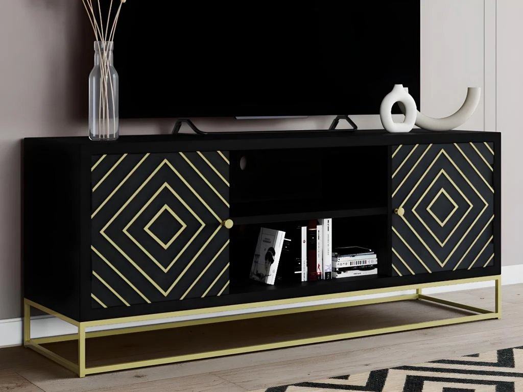 Meuble TV PRISMIN - 2 Portes Et 2 Niches - Manguier Et Métal - Noir 4 Meuble TV PRISMIN - 2 Portes Et 2 Niches - Manguier Et Métal - Noir – Image 2