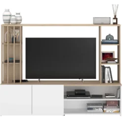 Mur TV Avec Rangements - Naturel Et Blanc - GORBELLA 15 Mur TV Avec Rangements - Naturel Et Blanc - GORBELLA -Pas Cher Mobiliora Magasin meuble tv 12441099