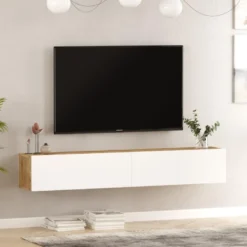 Meuble TV Suspendu Avec 2 Portes - Blanc Et Naturel - AUBEPINA