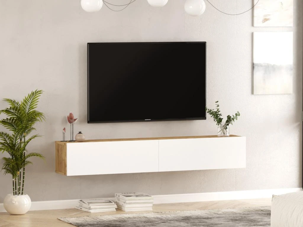 Meuble TV Suspendu Avec 2 Portes - Blanc Et Naturel - AUBEPINA 3 Meuble TV Suspendu Avec 2 Portes - Blanc Et Naturel - AUBEPINA