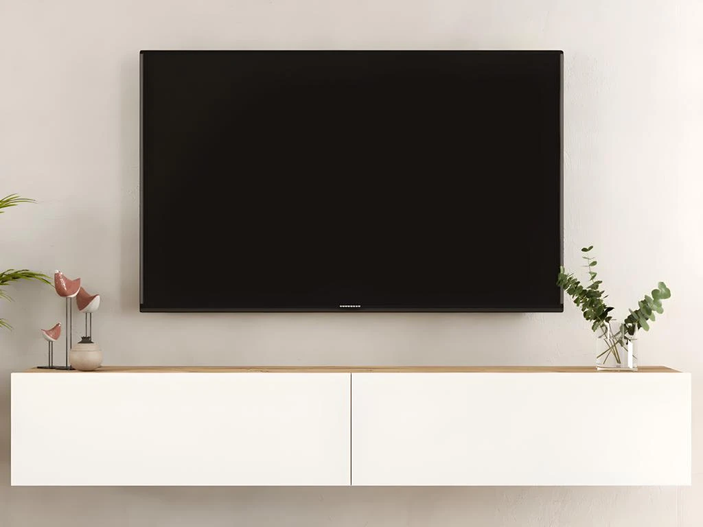 Meuble TV Suspendu Avec 2 Portes - Blanc Et Naturel - AUBEPINA 5 Meuble TV Suspendu Avec 2 Portes - Blanc Et Naturel - AUBEPINA – Image 3