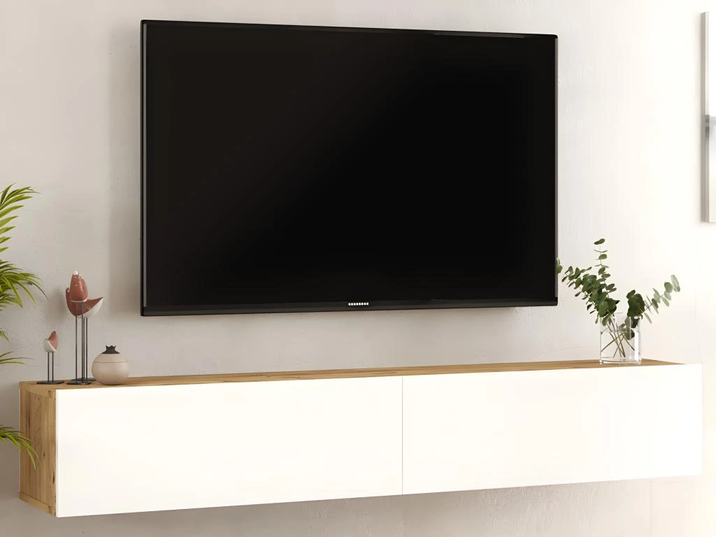 Meuble TV Suspendu Avec 2 Portes - Blanc Et Naturel - AUBEPINA 4 Meuble TV Suspendu Avec 2 Portes - Blanc Et Naturel - AUBEPINA – Image 2
