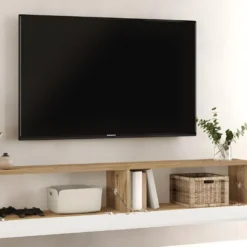 Meuble TV Suspendu Avec 2 Portes - Blanc Et Naturel - AUBEPINA 11 Meuble TV Suspendu Avec 2 Portes - Blanc Et Naturel - AUBEPINA -Pas Cher Mobiliora Magasin meuble tv 12495611