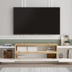 Meuble TV Avec 4 Portes - Blanc Et Naturel - OPHRISA -Pas Cher Mobiliora Magasin meuble tv 12495925