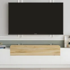 Meuble TV Avec 4 Portes - Blanc Et Naturel - OPHRISA -Pas Cher Mobiliora Magasin meuble tv 12495935