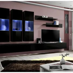 Meuble TV FLY E3 Design, Coloris Noir Brillant. Meuble Suspendu Moderne Et Tendance Pour Votre Salon.