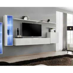 Ensemble Meuble Salon Mural SWITCH XI Design, Coloris Blanc Brillant.