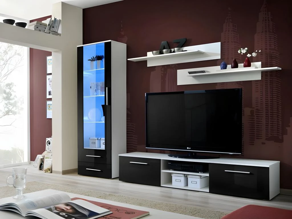 Meuble TV GALINO Design, Coloris Noir Et Blanc Brillant. Meuble Moderne Et Tendance Pour Votre Salon. 3 Meuble TV GALINO Design, Coloris Noir Et Blanc Brillant. Meuble Moderne Et Tendance Pour Votre Salon.