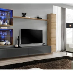 Ensemble Meuble Salon Mural SWITCH XVIII Design, Coloris Gris Brillant Et Chêne Wotan.