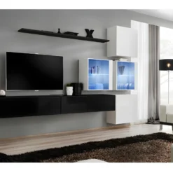 Ensemble Meubles De Salon SWITCH XIX Design, Coloris Noir Et Blanc Brillant.