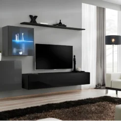 Ensemble Meuble Salon Mural SWITCH XV Design, Coloris Noir Et Gris Brillant.
