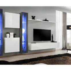 Ensemble Meuble Salon Mural SWITCH XVI Design, Coloris Blanc Et Gris Brillant.