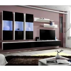 Meuble TV FLY E2 Design, Coloris Blanc Et Noir Brillant. Meuble Suspendu Moderne Et Tendance Pour Votre Salon.