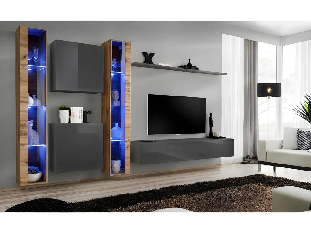 Ensemble Meuble Salon Mural SWITCH XVI Design, Coloris Gris Brillant Et Chêne Wotan. 3 Ensemble Meuble Salon Mural SWITCH XVI Design, Coloris Gris Brillant Et Chêne Wotan.