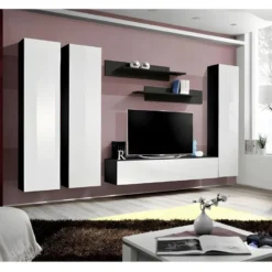 Meuble TV FLY C1 Design, Coloris Noir Et Blanc Brillant. Meuble Suspendu Moderne Et Tendance Pour Votre Salon.