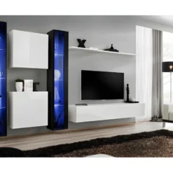 Ensemble Meuble Salon Mural SWITCH XVI Design, Coloris Blanc Et Noir Brillant.