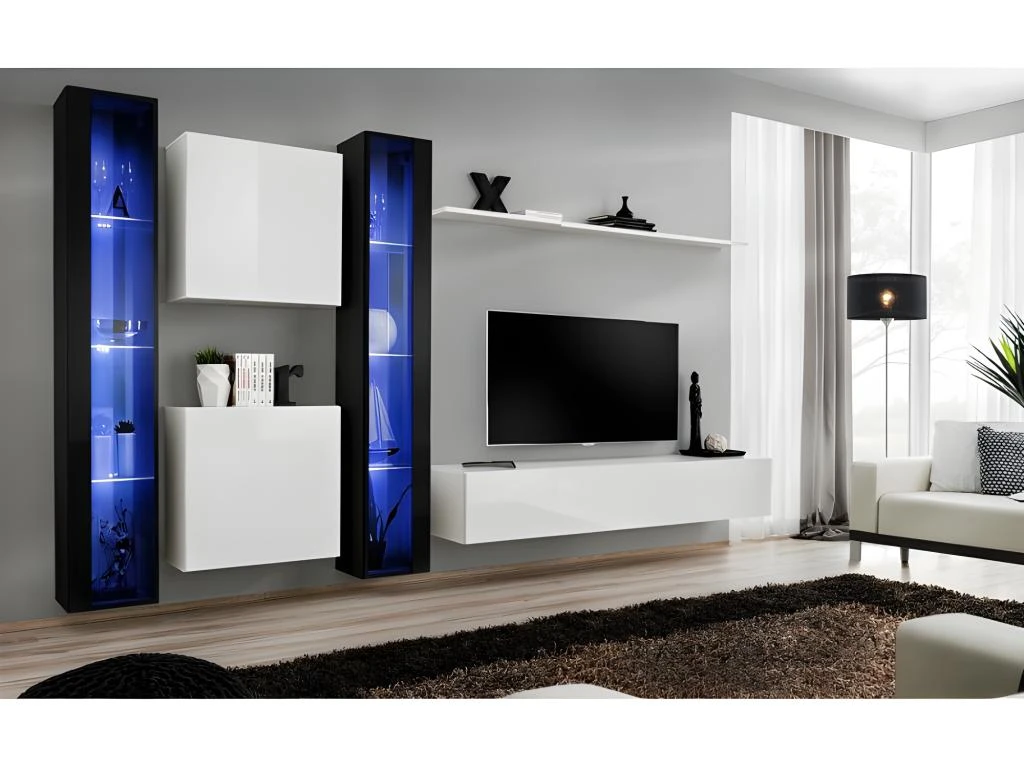 Ensemble Meuble Salon Mural SWITCH XVI Design, Coloris Blanc Et Noir Brillant. 3 Ensemble Meuble Salon Mural SWITCH XVI Design, Coloris Blanc Et Noir Brillant.