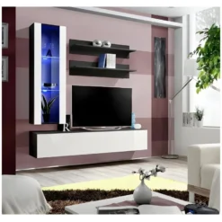 Meuble TV FLY H2 Design, Coloris Noir Et Blanc Brillant. Meuble Suspendu Moderne Et Tendance Pour Votre Salon.