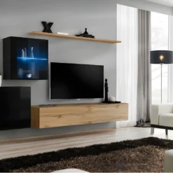 Ensemble Meuble Salon Mural SWITCH XV Design, Coloris Chêne Wotan Et Noir Brillant.